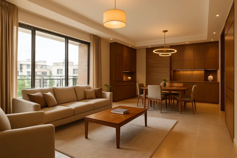 Home Furnished Drawing Room with Contextual Design Philosophy