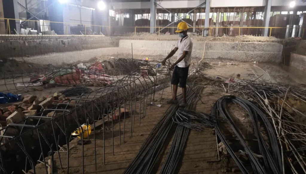 Rebar worker in pool construction
