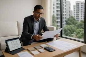 Professional interior designer calculating costs with blueprints, material samples, and calculator in modern Bangladeshi apartment