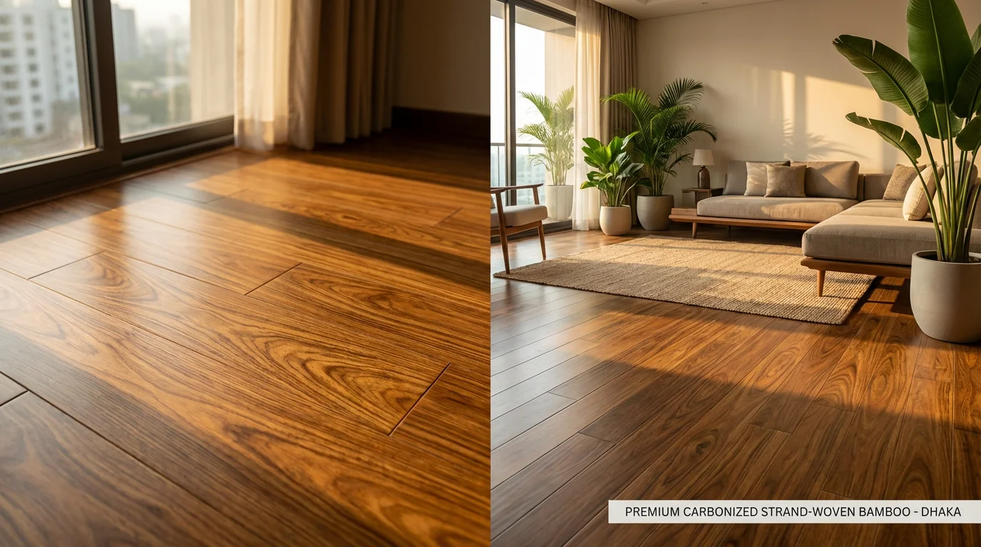 Luxury carbonized strand-woven bamboo flooring with rich honey-brown color and distinctive grain pattern in modern Banani apartment, showing thermal-regulating properties, eco-friendly alternative to imported teak for sophisticated Dhaka interiors