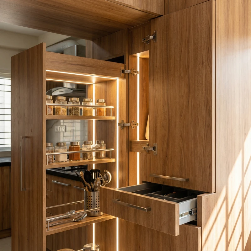 Close-up of premium kitchen cabinet with marine plywood construction, Hafele hardware fittings and laminate finish in Bangladesh