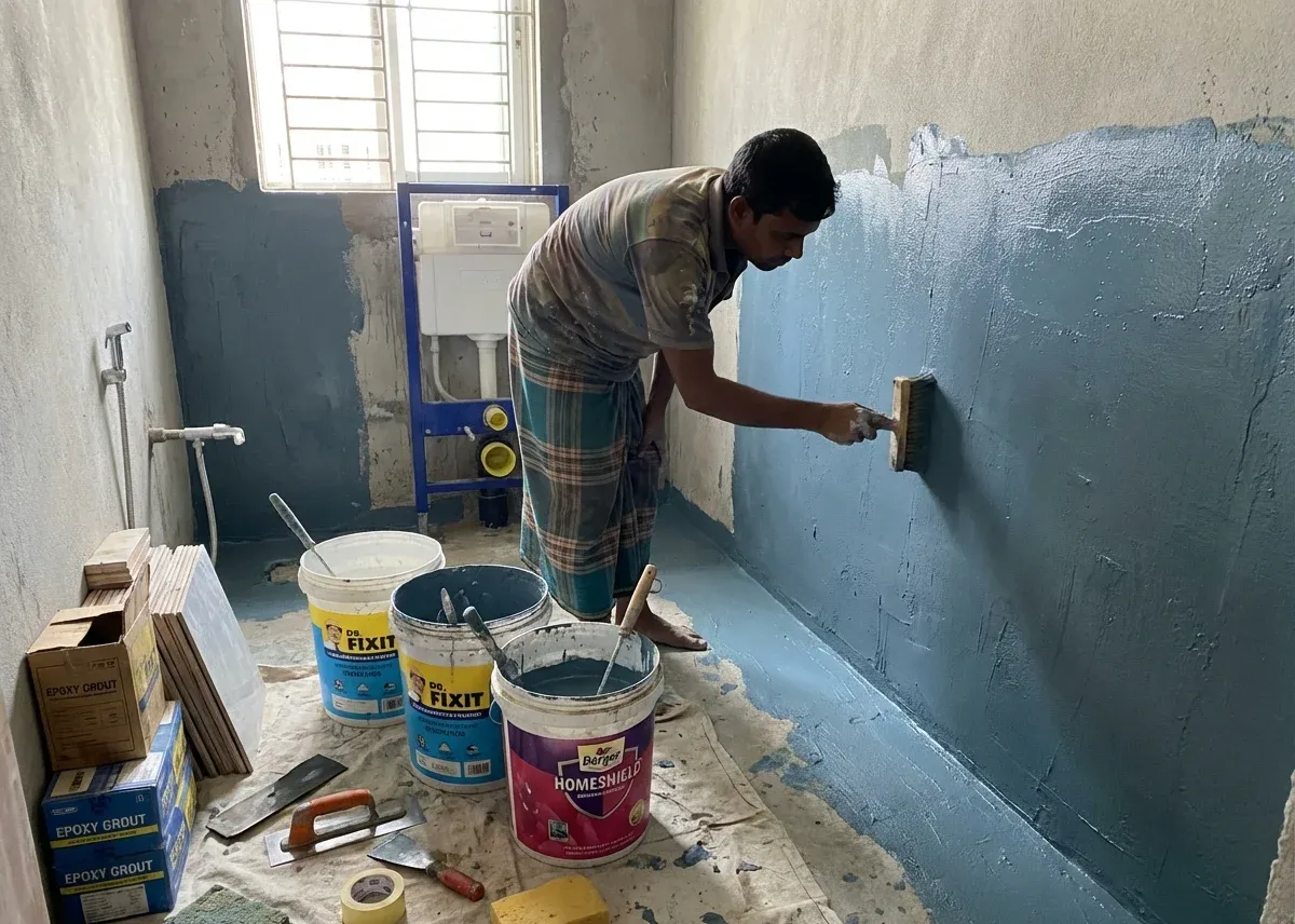 Waterproofing Strategies for Dhaka Apartments A worker applying a blue waterproofing coating to a bathroom wall during a renovation project in Bangladesh.