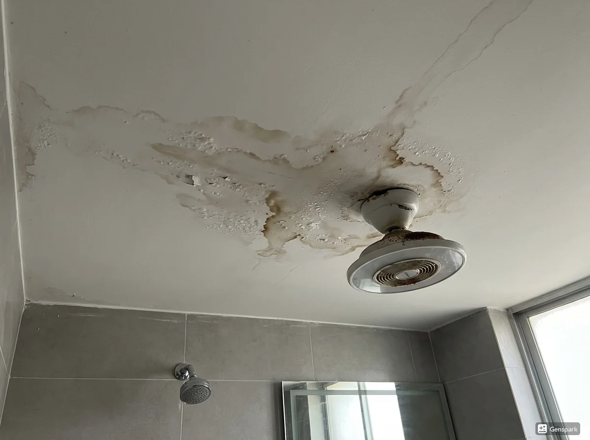 Inter-Floor Leakage in Building: Why Your Ceiling Leaks in Dhaka Water stained ceiling with brown discoloration and moisture damage in upscale Dhaka apartment bathroom showing inter-floor leakage problem