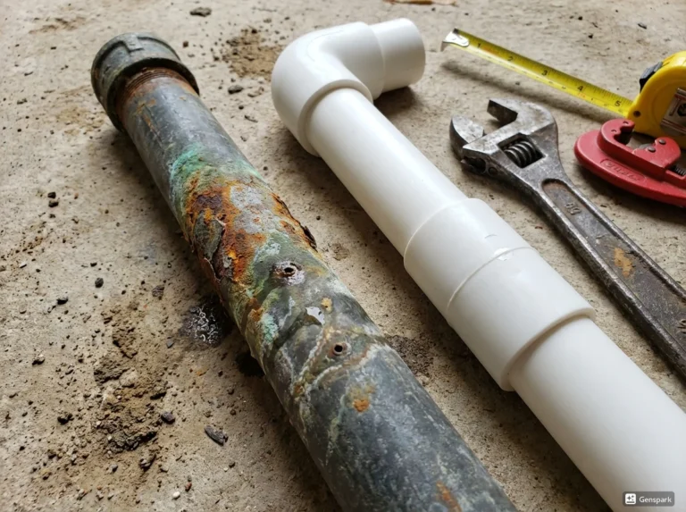 Side by side comparison of old corroded galvanized iron pipe with rust and new white PPR pipe with plumber tools on concrete surface