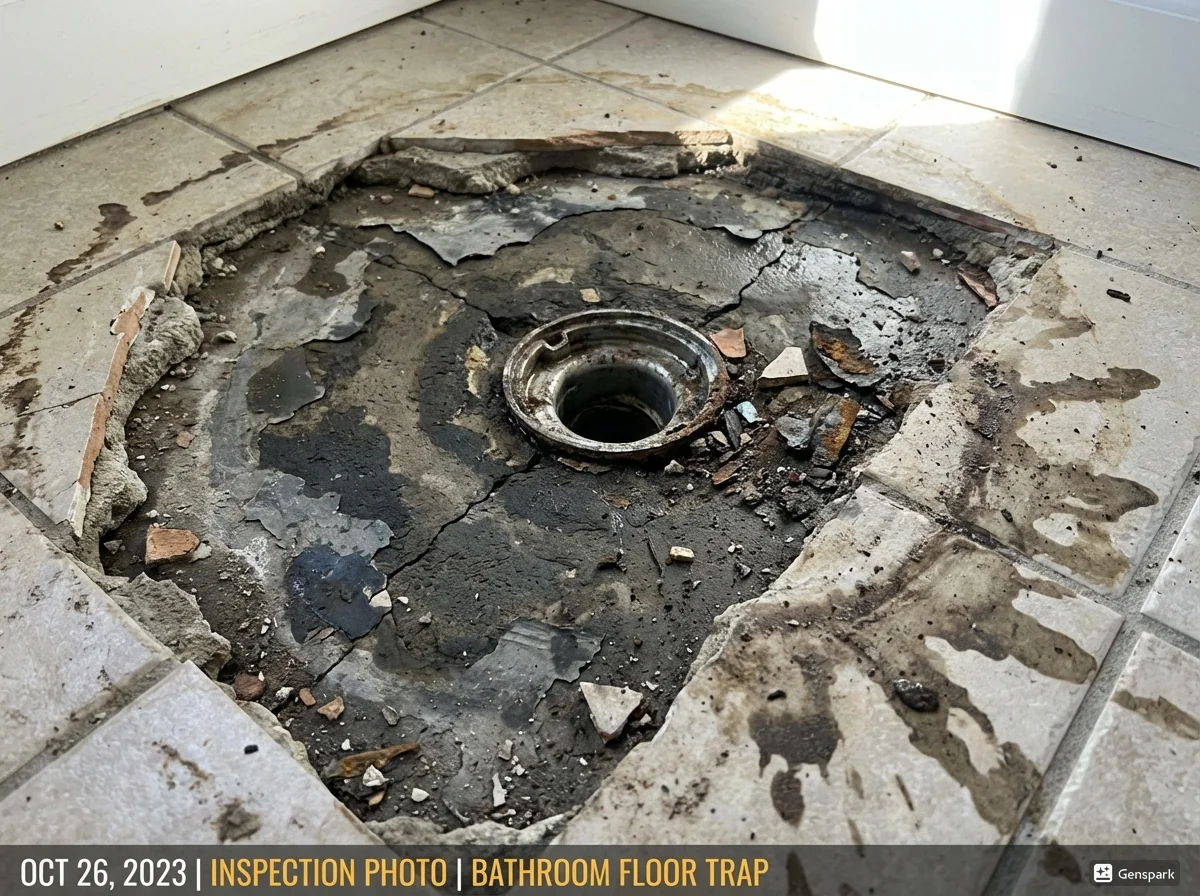 Inter-Floor Leakage in Building: Why Your Ceiling Leaks in Dhaka Broken bathroom tiles showing inter-floor leakage around drain, exposed concrete, cracks, waterproofing failure, and water seepage damage