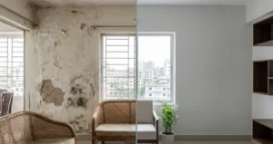 A split-screen comparison showing a damp, peeling interior wall on the left and a perfectly repaired, painted wall on the right.