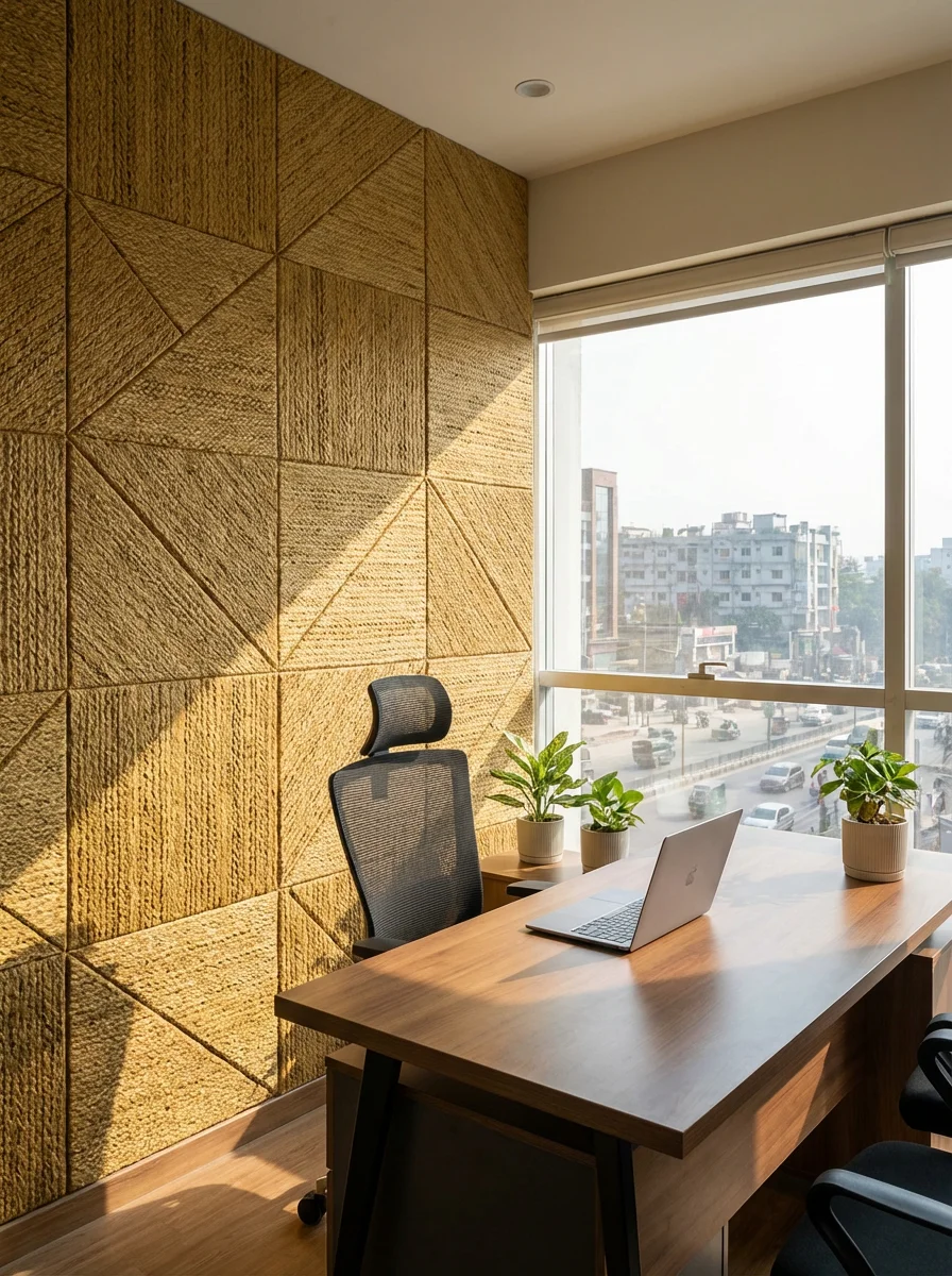 High-end jute-composite acoustic panels with golden fiber texture and geometric pattern in contemporary Bashundhara home office, showing artisan craftsmanship by Beni Boonon, reducing Dhaka traffic noise while adding organic aesthetic to sophisticated workspace