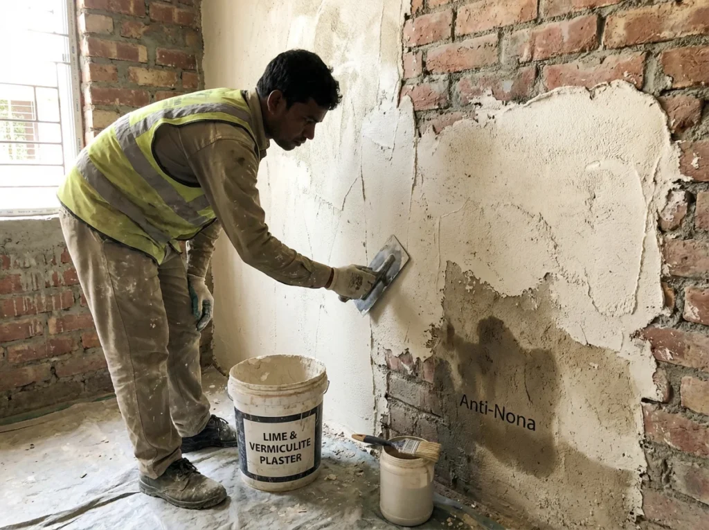 Skilled Bangladeshi construction worker applying breathable lime and vermiculite plaster to interior wall using steel trowel, showing proper anti-Nona treatment technique for Dhaka home renovation with visible bucket of lime plaster mixture