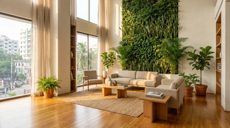 Modern living room in Gulshan apartment featuring Biophilic Design concept for green living.