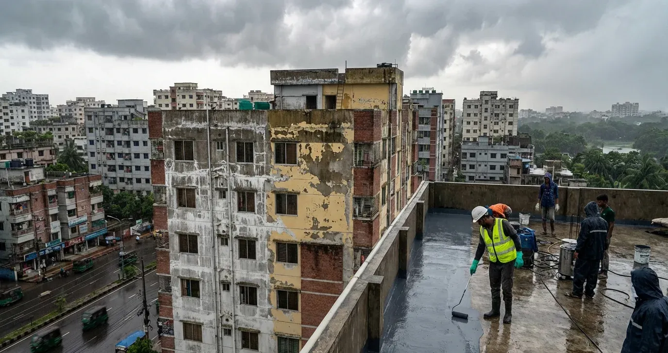 Waterproofing Strategies for Dhaka Apartments Professional workers applying liquid waterproofing membrane on a flat rooftop in a Bangladeshi urban area.