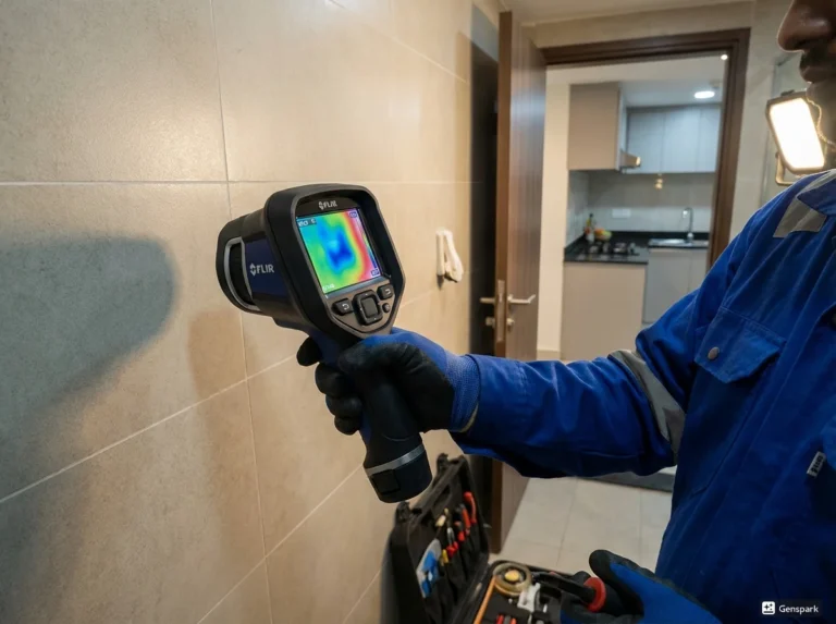 Professional plumber using handheld thermal imaging camera showing heat signature on apartment wall to detect hidden water leak location
