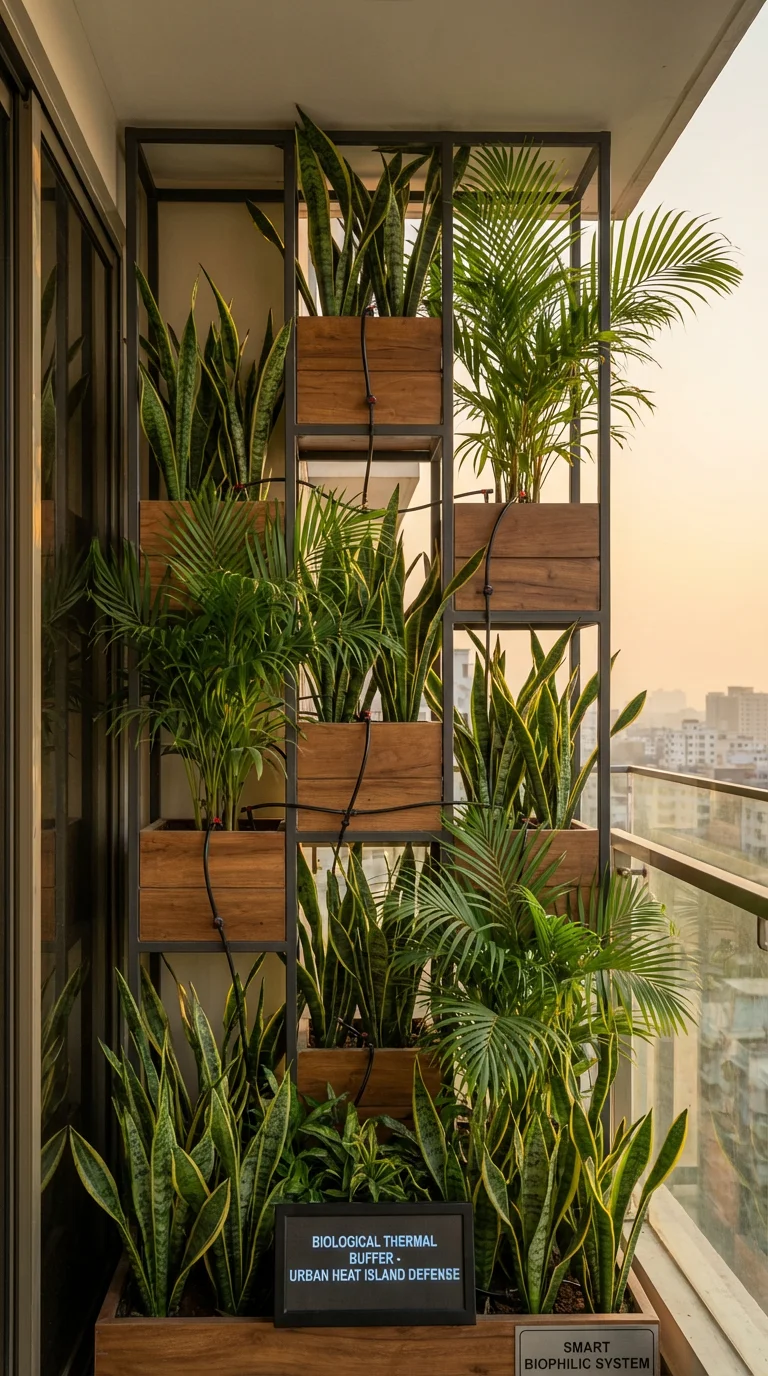 Lush vertical garden system on west-facing Gulshan apartment balcony featuring snake plants and areca palms with drip irrigation, creating biological thermal buffer to reduce indoor temperature by 3°C naturally, professional biophilic architecture solution for Dhaka's urban heat island effect