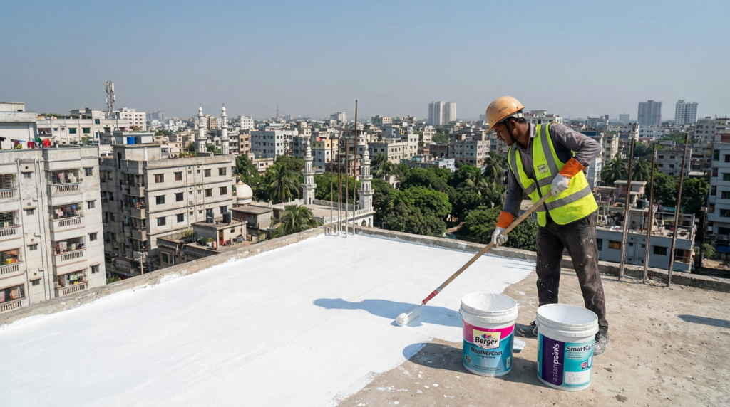 Professional worker applying Berger WeatherCoat elastomeric waterproofing coating to Dhaka apartment roof with roller during optimal pre-monsoon season (March-April) under clear sunny sky, showing proper monsoon-proofing technique with Dhaka cityscape in background