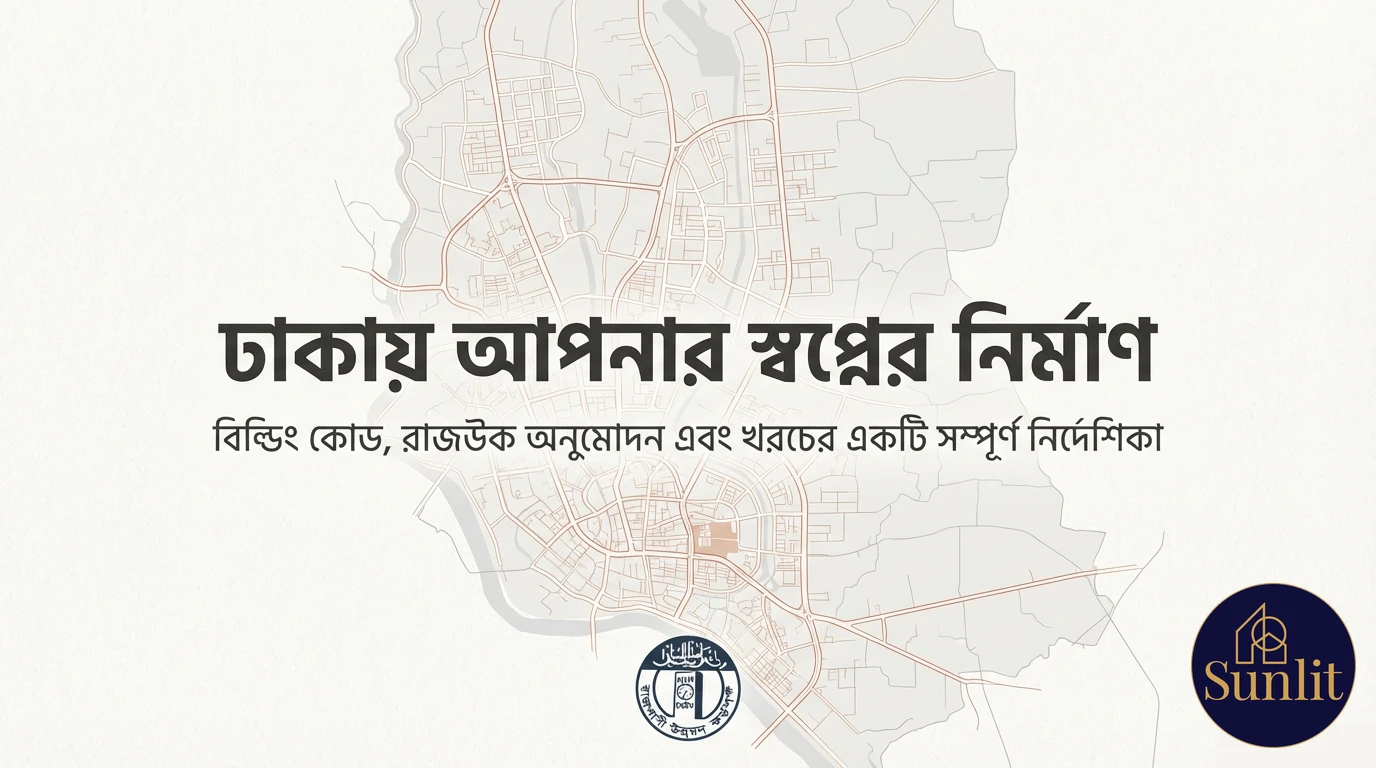 ঢাকায় বাড়ি তৈরির নতুন আইন ২০২৫, বিল্ডিং নিয়মাবলী, পারমিট এবং ফি-এর একটি বিস্তারিত নির্দেশিকা, শহরের মানচিত্রের পটভূমিতে।