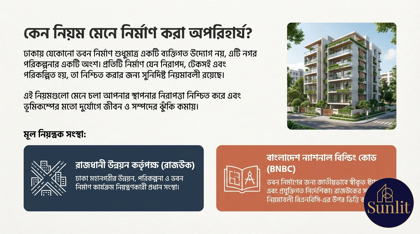 আধুনিক ভবন যা নিরাপত্তা, পরিকল্পনা এবং দুর্যোগ ঝুঁকি কমাতে বিল্ডিং নিয়মাবলীর গুরুত্ব তুলে ধরে।