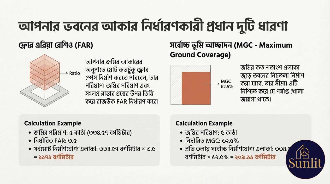 ফ্লোর এরিয়া রেশিও (FAR) এবং ম্যাক্সিমাম গ্রাউন্ড কভারেজ (MGC) এর চিত্র এবং ঢাকার বিল্ডিং প্রকল্পের জন্য গণনার উদাহরণ।
