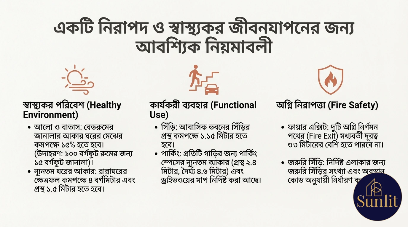 স্বাস্থ্যকর পরিবেশ, কার্যকরী ব্যবহার এবং অগ্নি নিরাপত্তার প্রতীক, ঢাকার আবাসিক ভবনগুলির জন্য গুরুত্বপূর্ণ নিয়মাবলী তুলে ধরে।
