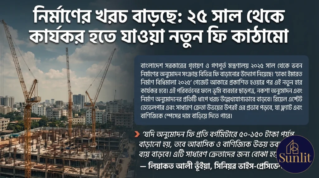 ক্রেন সহ শহরের দৃশ্য, যা ২০২১ সাল থেকে কার্যকর ঢাকার বিল্ডিং নির্মাণ পারমিটের নতুন ফি কাঠামোকে উপস্থাপন করে।