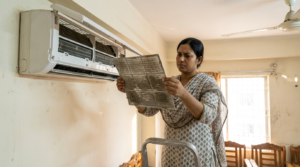 Housewife cleaning dirty AC filter - practical DIY AC maintenance Tips