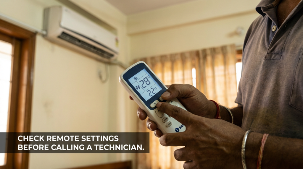 Close-up of hands adjusting AC remote settings