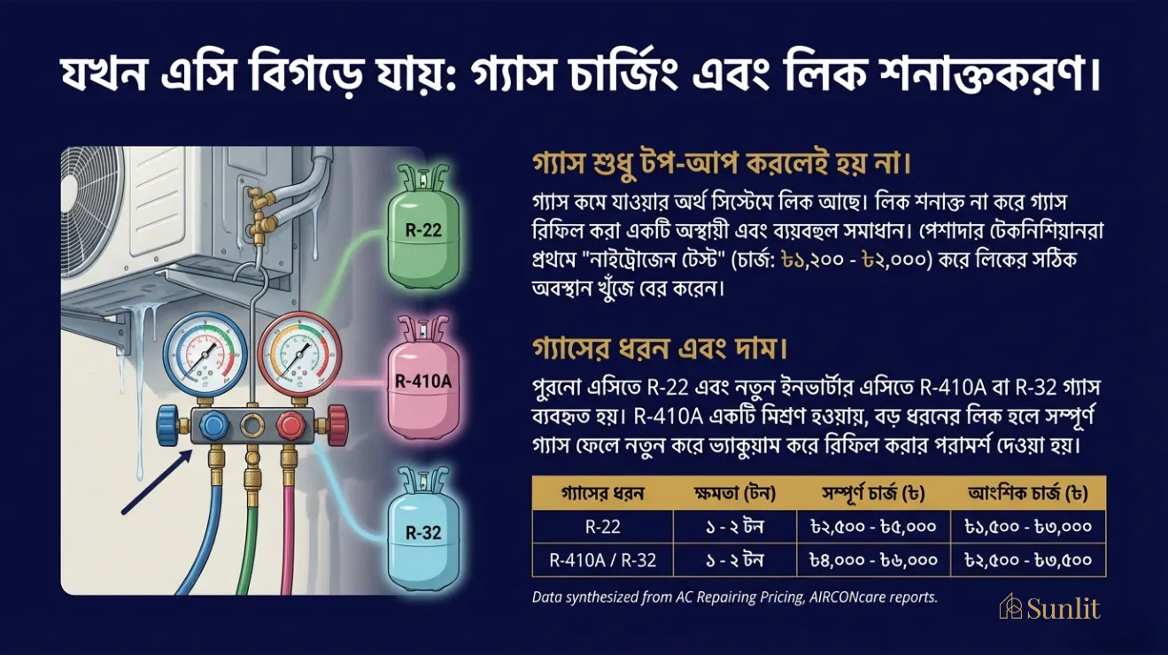 Illustration of AC gas charging process with price list for different gas types.
