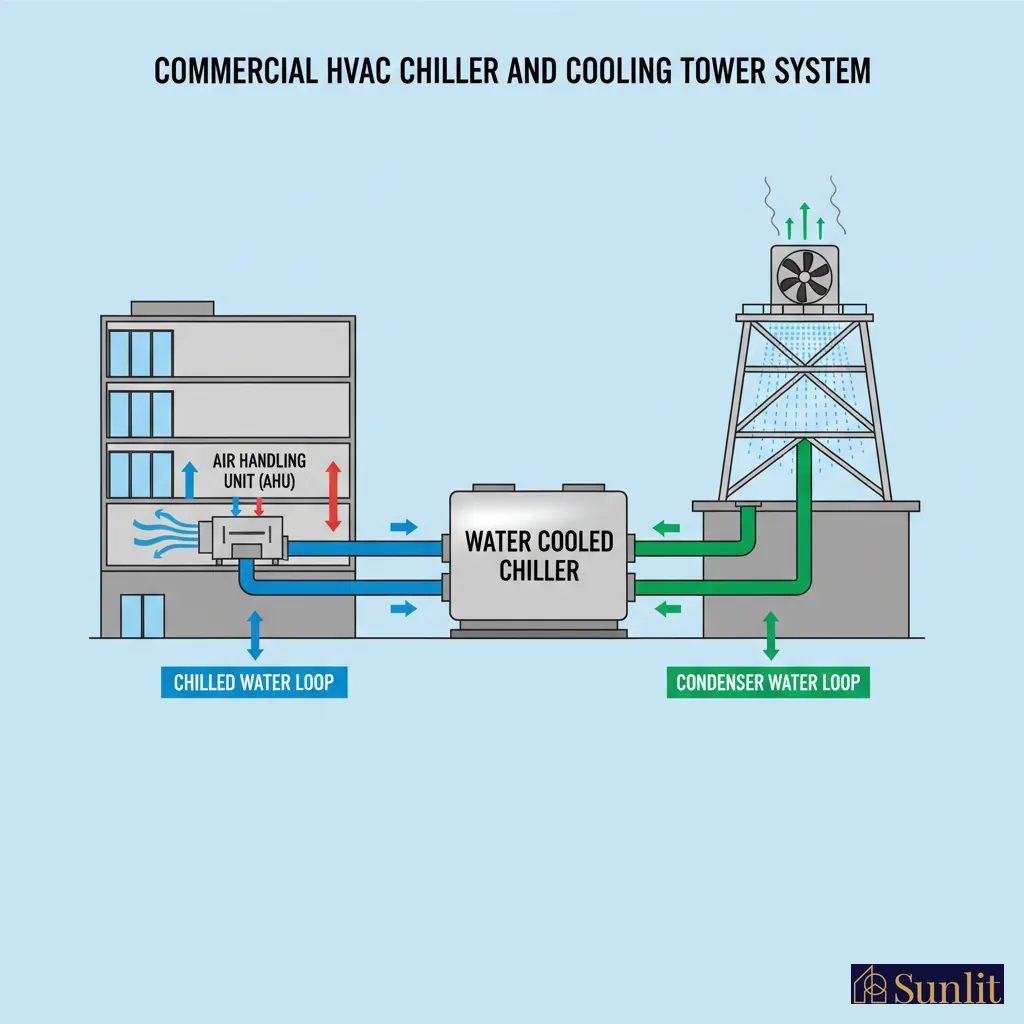 Detailed schematic of a commercial HVAC system showing the chilled water loop, condenser water loop, and air handling unit (AHU) within a building.