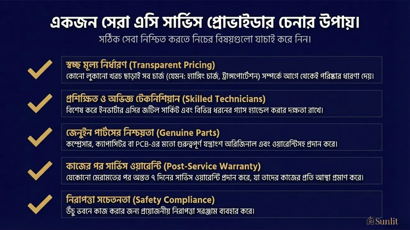 Checklist for choosing a reliable AC service provider, featuring pricing, skills, and warranty.