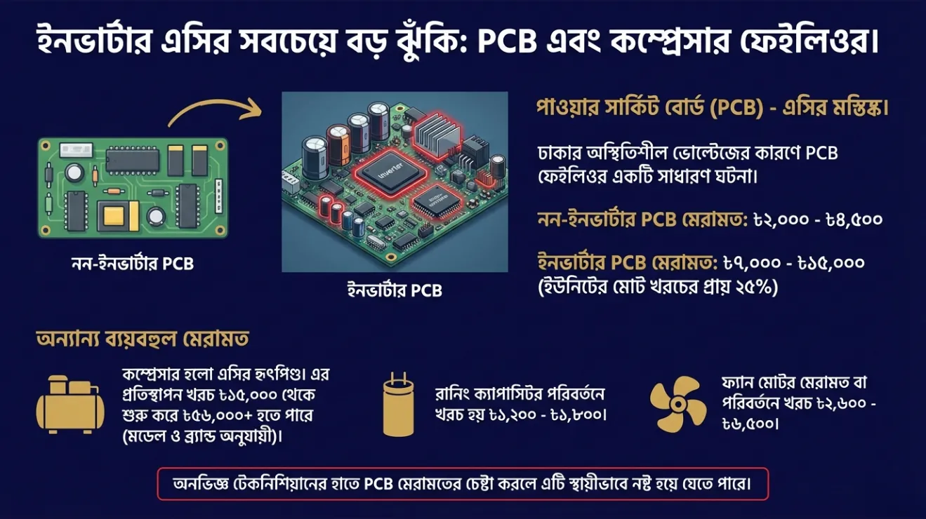 Comparison of non-inverter and inverter AC PCB repair costs and failure risks.