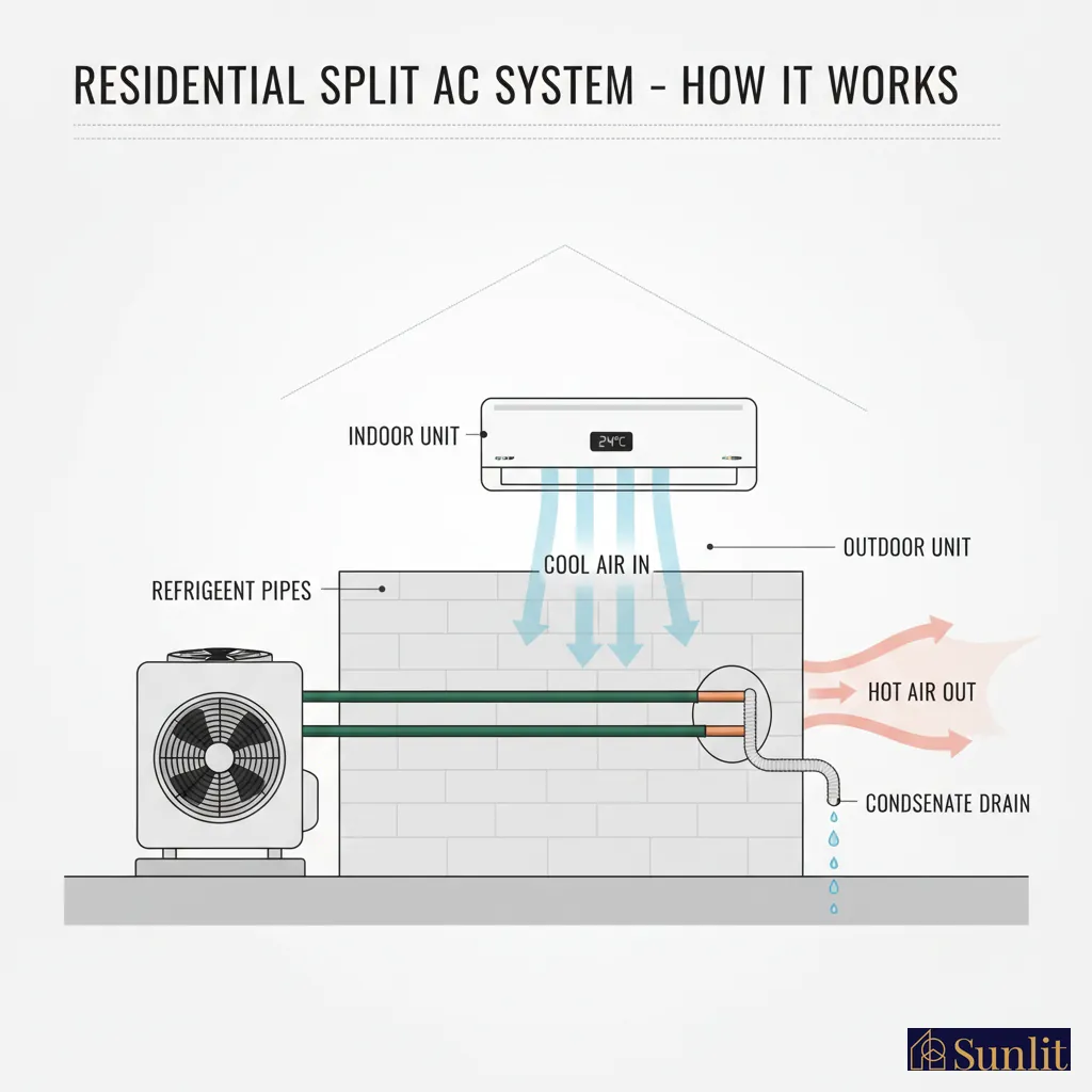 Illustration of a residential split AC system showing the indoor unit providing cool air and the outdoor unit releasing hot air with a condensate drain.