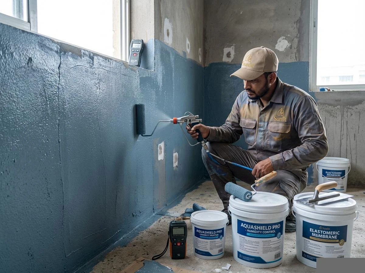 Why Dhaka's Elite Homeowners Demand 40 Years of Engineering Excellence in Interior Design Professional application of Sunlit Aquashield Pro waterproofing membrane on a construction site for superior humidity control.