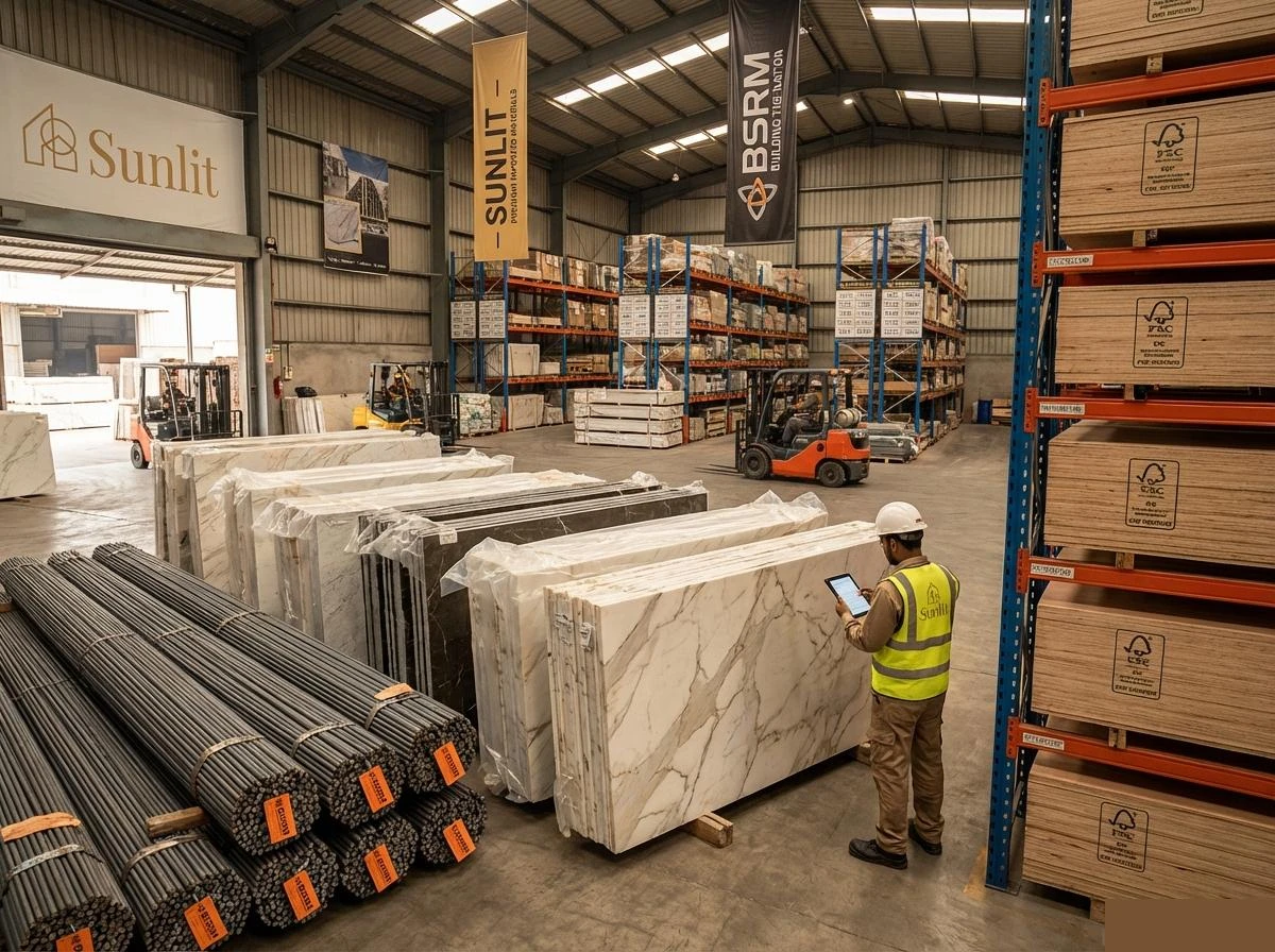 Why Dhaka's Elite Homeowners Demand 40 Years of Engineering Excellence in Interior Design Sunlit's well-organized warehouse storing premium construction materials like marble slabs and steel bars for large-scale projects.