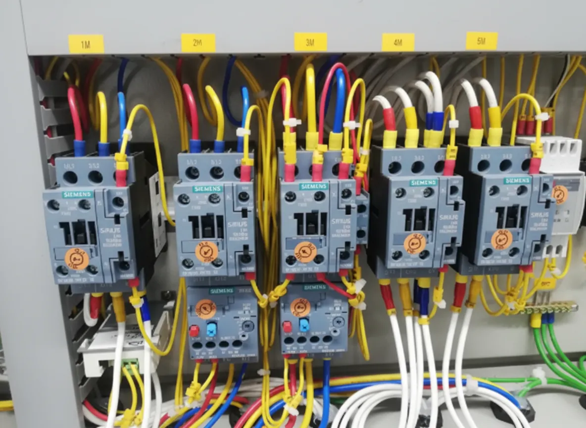Detailed view of electrical control panel wiring with Siemens Sirius contactors.