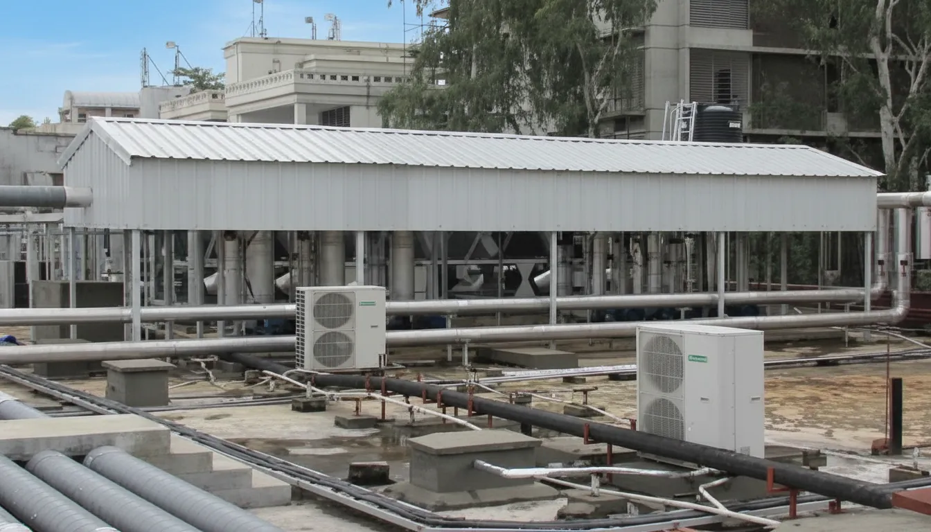 Home Integrated MEP Construction Solutions for Outdoor HVAC chiller plant installation with insulated piping and condenser units.