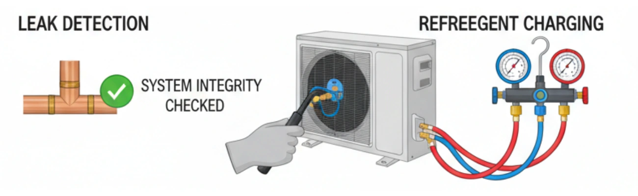 Research Paper: Optimization of Refrigerant Charging and System Evacuation in HVAC Systems Image showing leak detection on HVAC piping and refrigerant charging using manifold gauges connected to an AC unit.