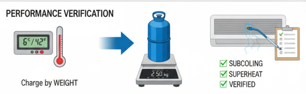 Research Paper: Optimization of Refrigerant Charging and System Evacuation in HVAC Systems Diagram showing the setup of an HVAC vacuum pump connected to an AC compressor with manifold gauges, illustrating the removal of air and moisture.