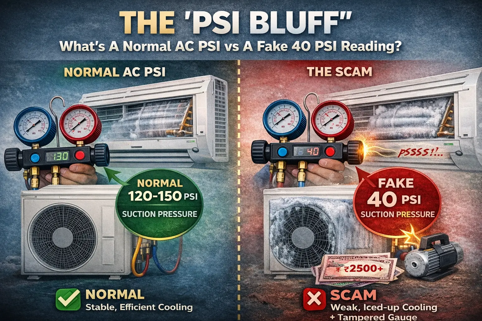Comparison of normal AC R410a PSI readings (120–150 PSI) versus fake 40 PSI scam reading in Dhaka, showing suction/discharge lines, manifold gauge, and compressor health.