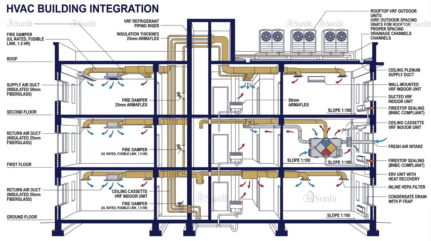 Cross-section diagram illustrating a multi-floor building with integrated HVAC systems, including VRF units, ductwork, and fire safety components.