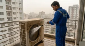 A technician performing a high-pressure jet wash on a dirty outdoor air conditioning unit to remove accumulated dust and debris. for ac service and maintenance.