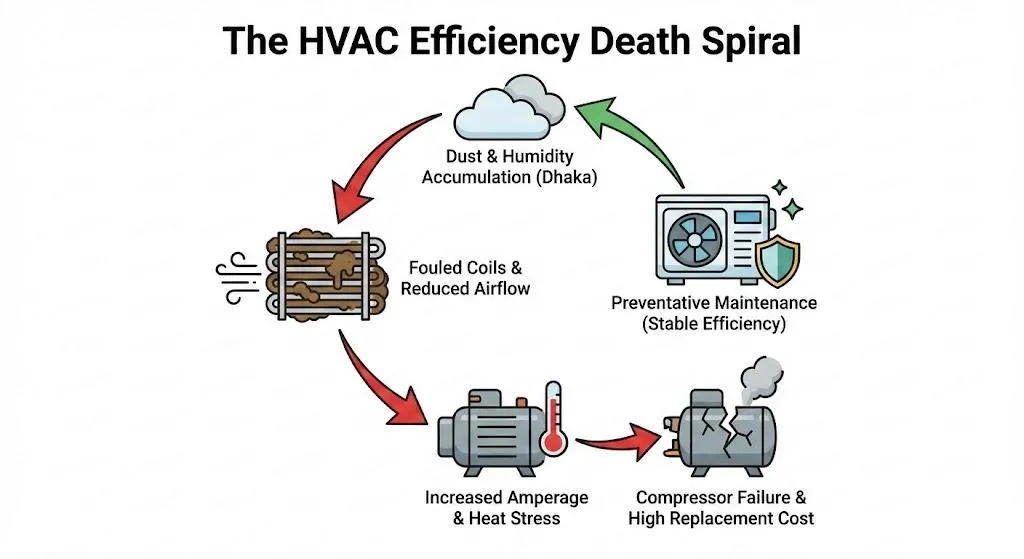 Advanced AC Service and Maintenance in Dhaka : 40+ Years of Professional HVAC Expertise Diagram illustrating the HVAC efficiency death spiral, showing how dust and humidity lead to fouled coils, increased amperage, and ultimately compressor failure, contrasted with preventative maintenance.