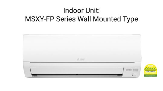 Mitsubishi Electric MSXY-FP Series Wall Mounted Indoor Unit Air Conditioner with 5-star energy rating label.