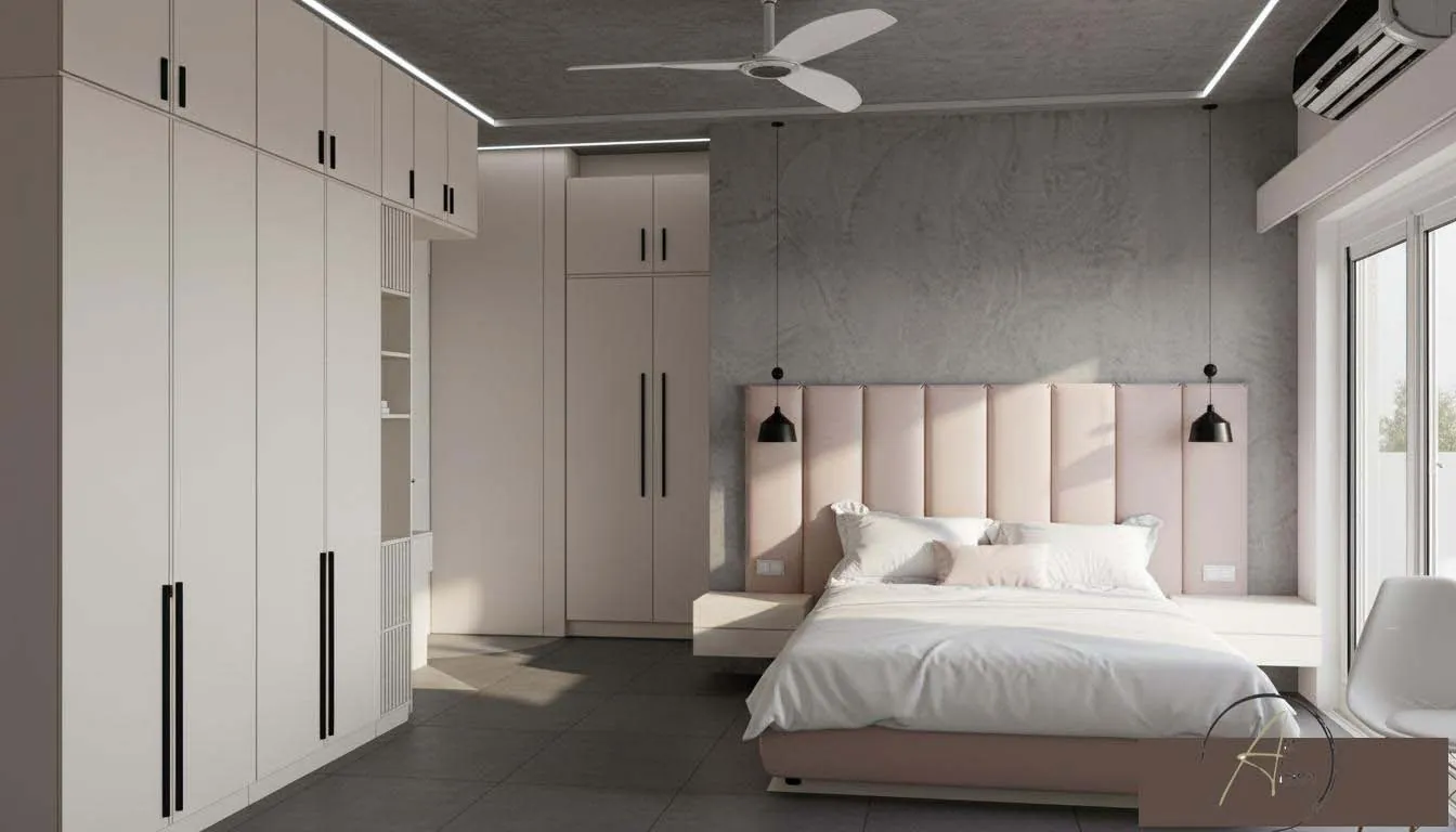 Interior Design of minimalist modern bedroom with padded headboard by sunlitbd.com